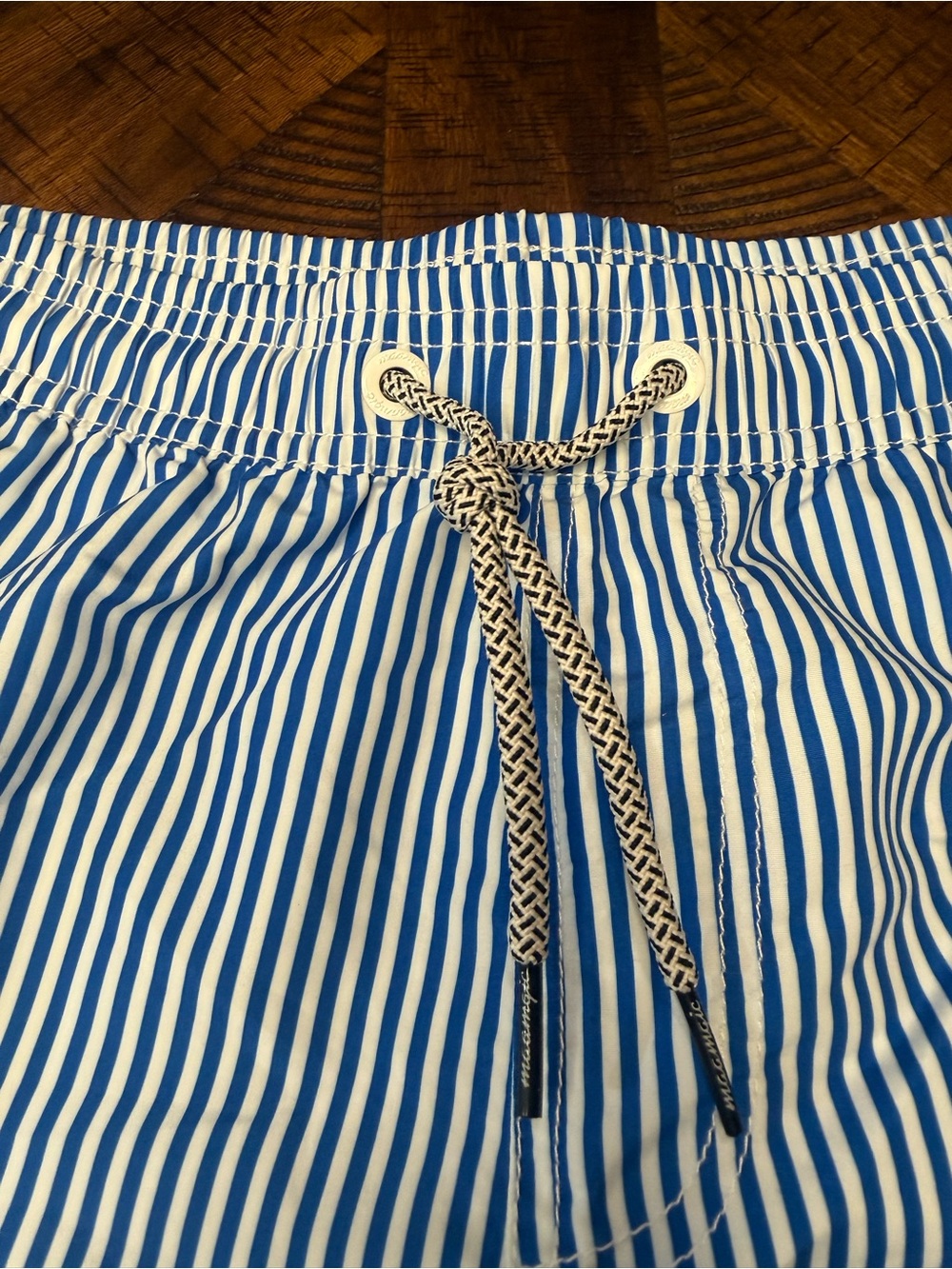 Men's Navy & White Pinstripe Swim Trunks with Drawstring Waist - Picture 4 of 9